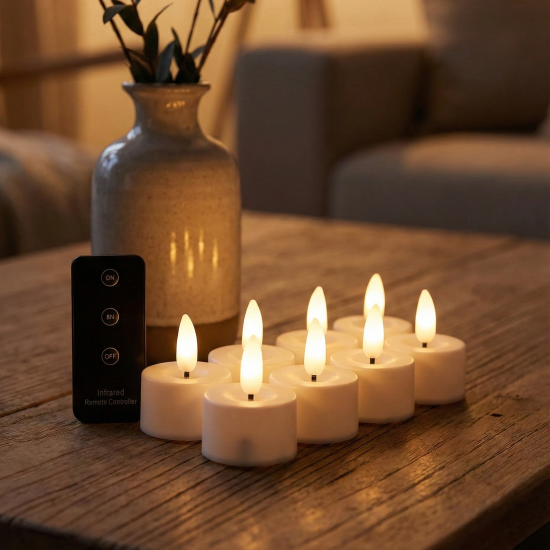 LED fyrfadslys 8 stk i hvid med realistisk flamme, fjernbetjening og timerfunktion – sikker og hyggelig belysning.