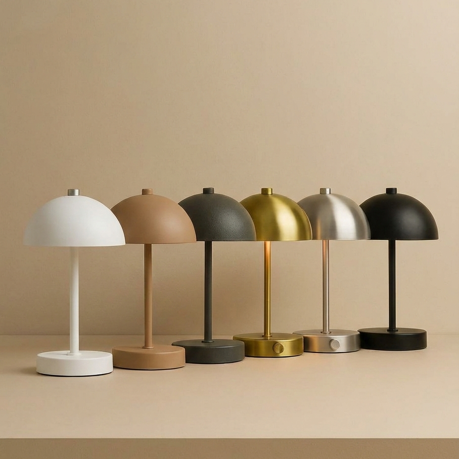 Moderne bordlampe med justerbart lys og farvetemperatur i alle farver – sort, sølv, guld, grå og sand. Trådløs og genopladelig, ideel til stue, soveværelse eller kontor.