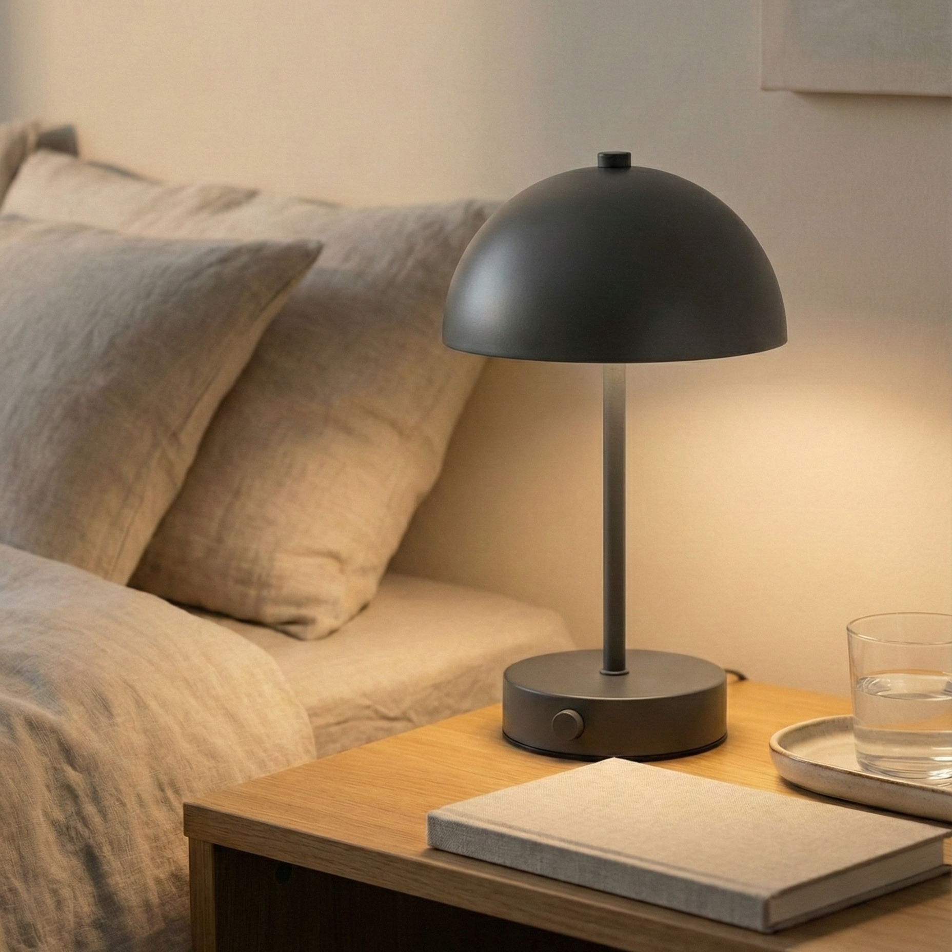 Moderne bordlampe med justerbart lys og farvetemperatur i alle farver – sort, sølv, guld, grå og sand. Trådløs og genopladelig, ideel til stue, soveværelse eller kontor.