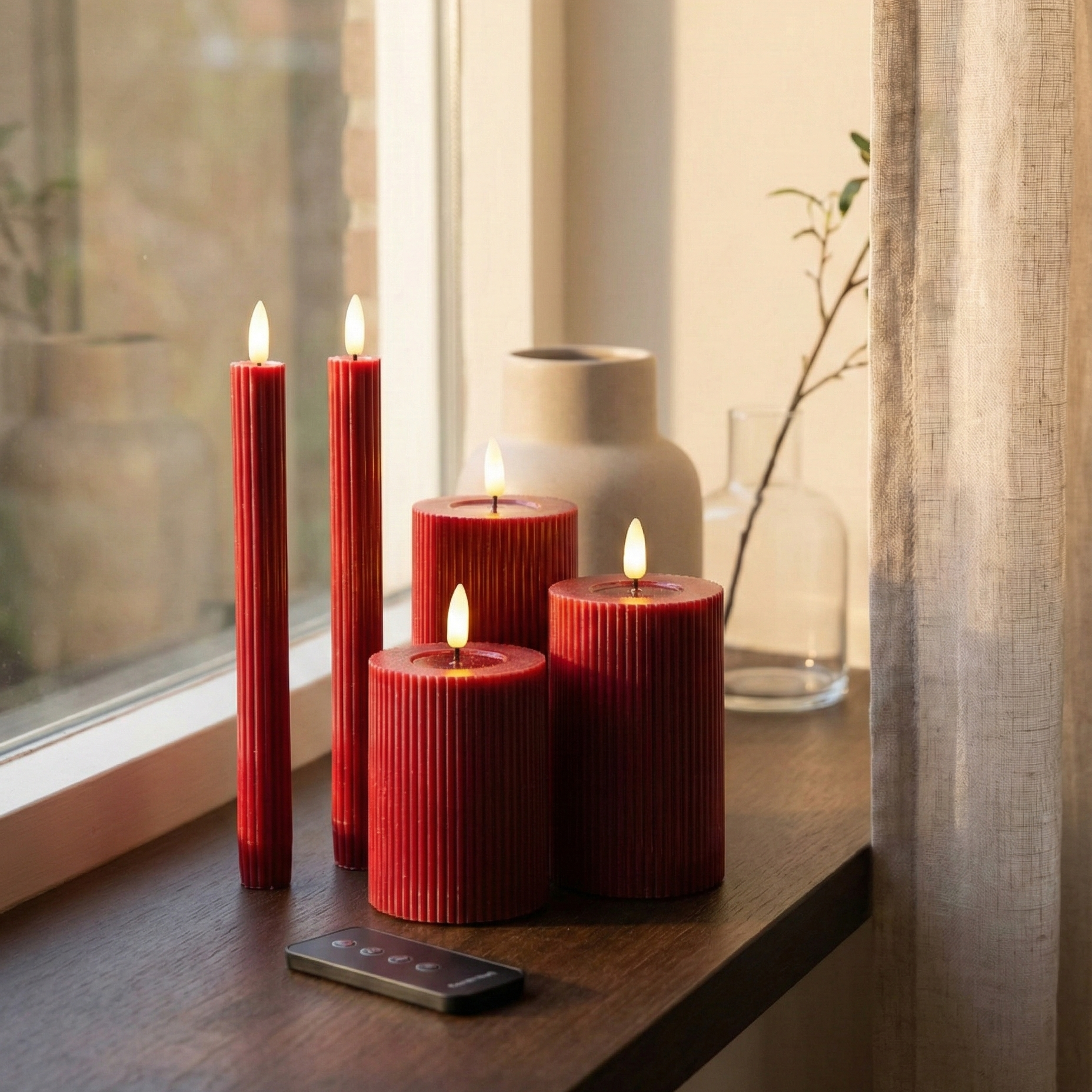 LED lys sæt 6 dele i rød – 2 stagelys, 3 bloklys og fjernbetjening med realistisk flamme og timerfunktion.