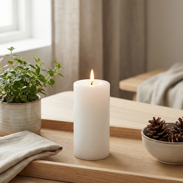 LED Indendørs Bloklys Ø6 x H12,5 cm i hvid voks og plast med realistisk flamme, batteridrevet, sikkert og vedligeholdelsesfrit.