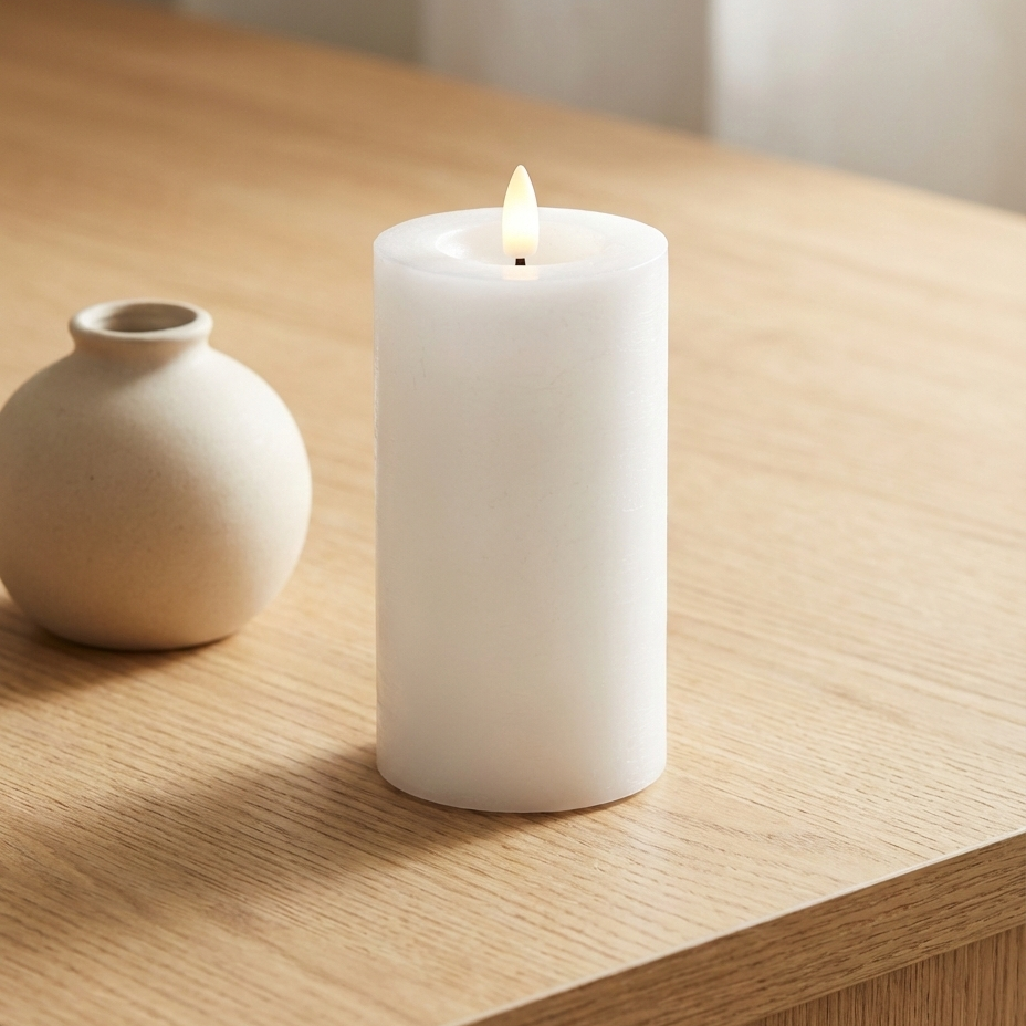 LED indendørs bloklys i hvid voks med realistisk flamme, Ø7,5 cm og højde 12,5 cm