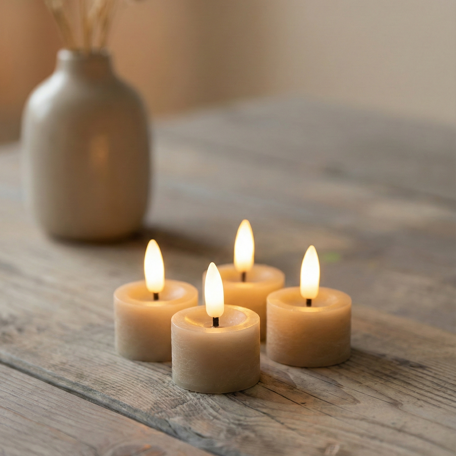 LED fyrfadslys i voks 4 pak, sand/beige med naturtro flamme og timerfunktion – perfekt til borddekoration, lanterner og hyggelig stemning.