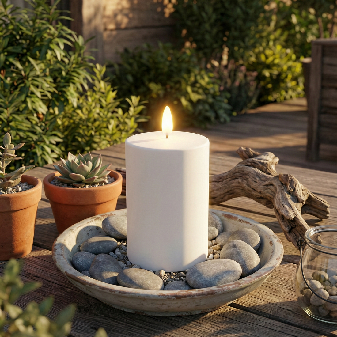 Udendørs solcelle LED bloklys i hvid med naturtro flamme og automatisk opladning – ideelt til terrasse, have eller lanterner.
