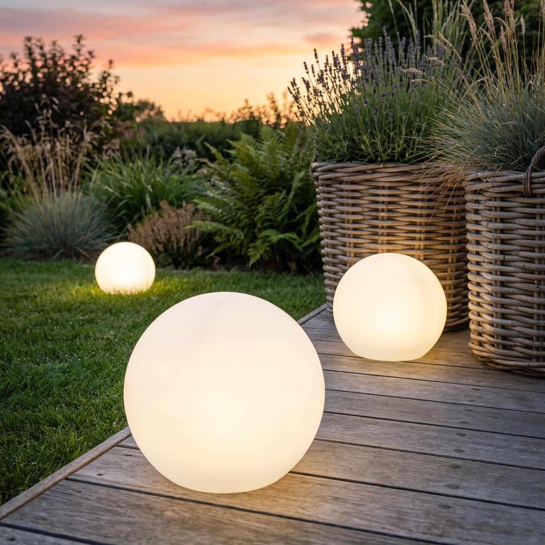 Udendørs solcelle LED lyskugler - hvid - 3 pak - Ø15, Ø20, Ø25 cm