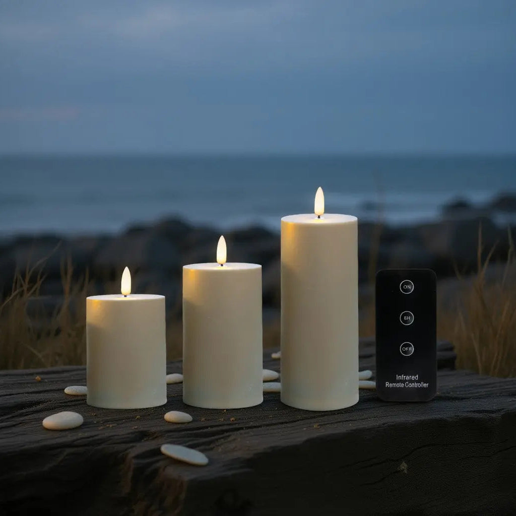 Udendørs LED bloklys Ø5,2 cm i sandfarve med naturtro flamme, fjernbetjening og timerfunktion – ideelt til terrasse, altan og have.