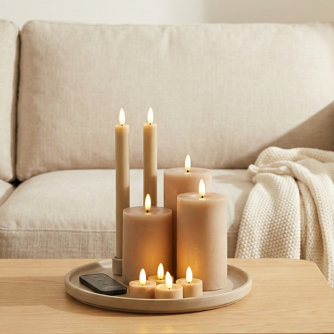 LED lys sæt i sand farve med 10 dele og naturtro flammeeffekt samt timer og fjernbetjeningshop_this_look_amDhCa