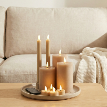 LED lys sæt i sand farve med 10 dele og naturtro flammeeffekt samt timer og fjernbetjening