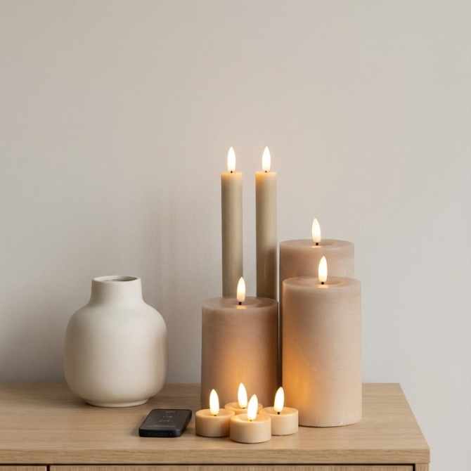 LED lys sæt i sand farve med 10 dele og naturtro flammeeffekt samt timer og fjernbetjening