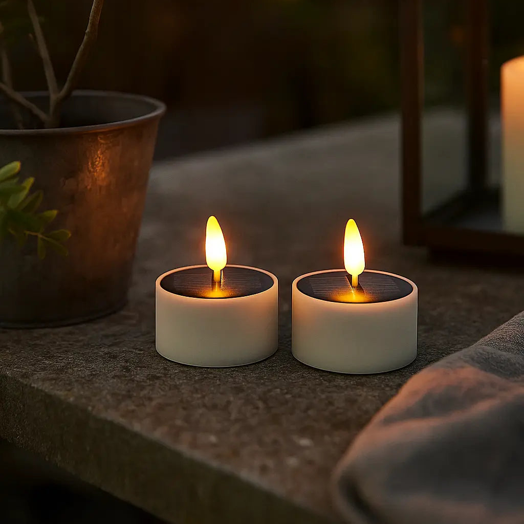 Solcelle LED lampelys 2 stk til udendørs brug med varm, blafrende flamme – oplades automatisk og tænder ved mørke, perfekt til havebord og terrasse.