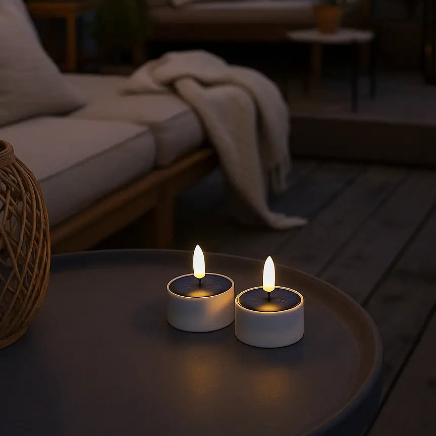 Solcelle LED lampelys 2 stk til udendørs brug med varm, blafrende flamme – oplades automatisk og tænder ved mørke, perfekt til havebord og terrasse.